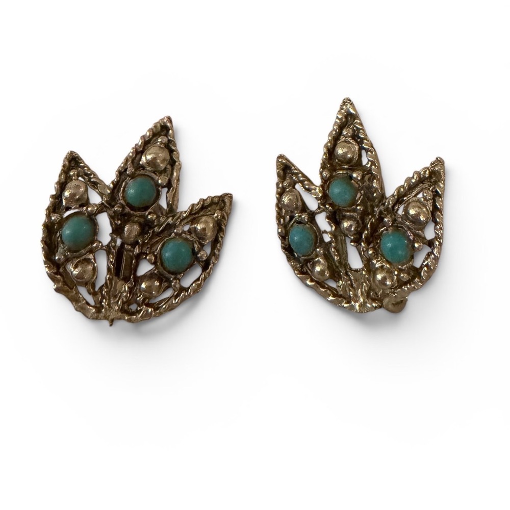 Vtg Brutalist Silver Tone‎ Turquoise cabochon Blue Leaf Clip On Earrings Boho